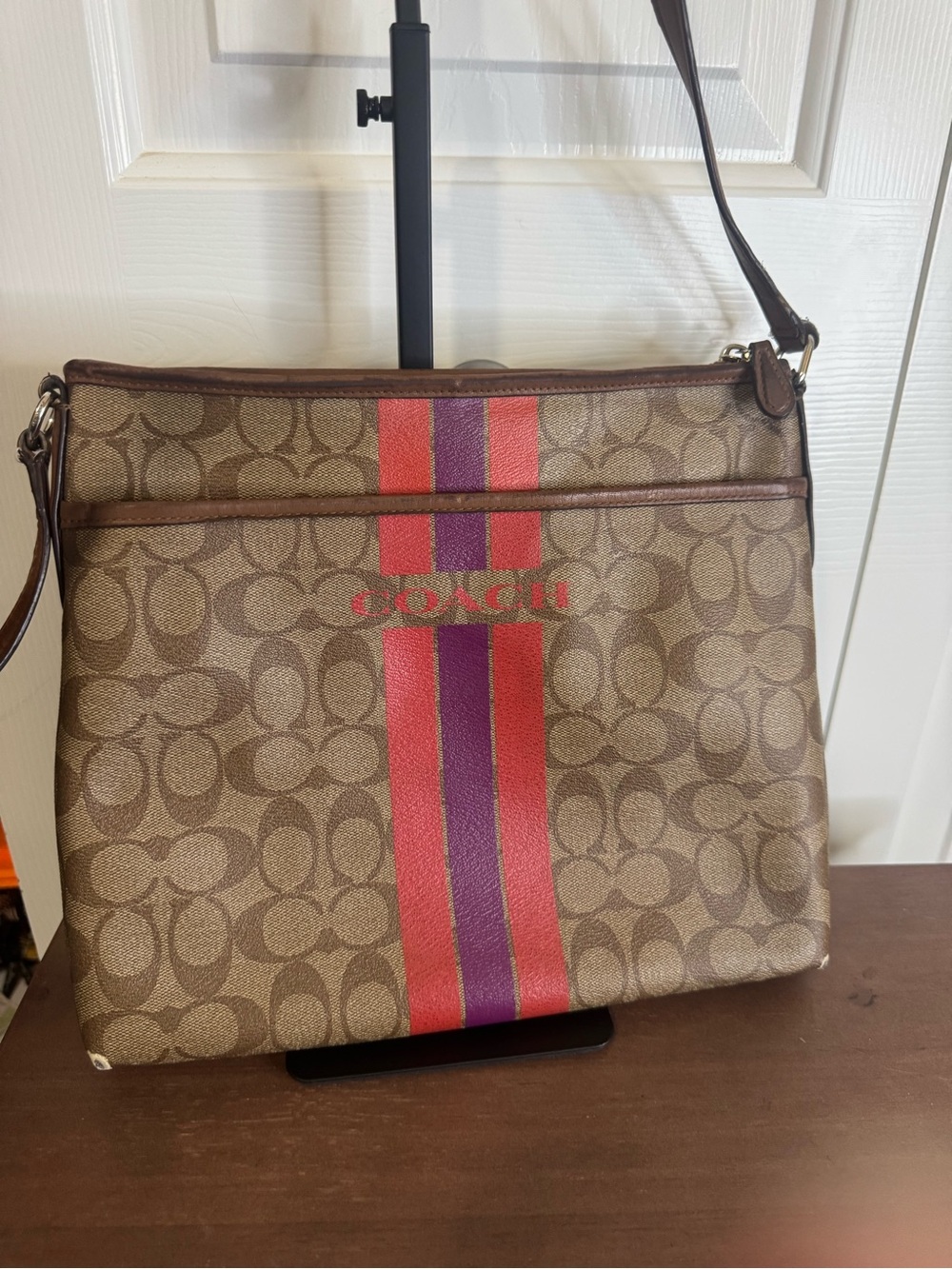 Coach Brown Signature Canvas Crossbody with Pink & Purple Stripes